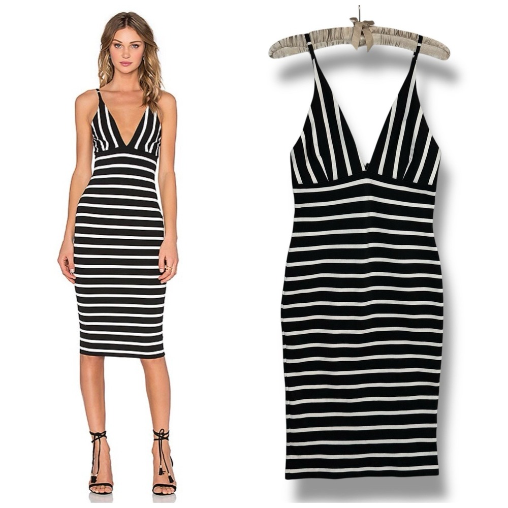 NWT Bec & Bridge Midi Dress Large Black White Beetle Juice REVOLVE Classic